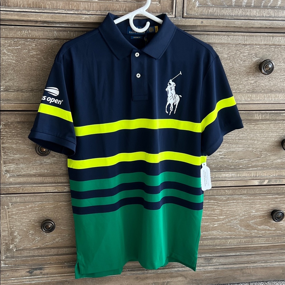 US Open Tennis Navy Polo Shirt with Green and Yellow Stripes